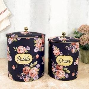 New Lacivert Çiçek Desenli Metal 2 Li Patates Soğan Sepeti Cnk0003 Yeni