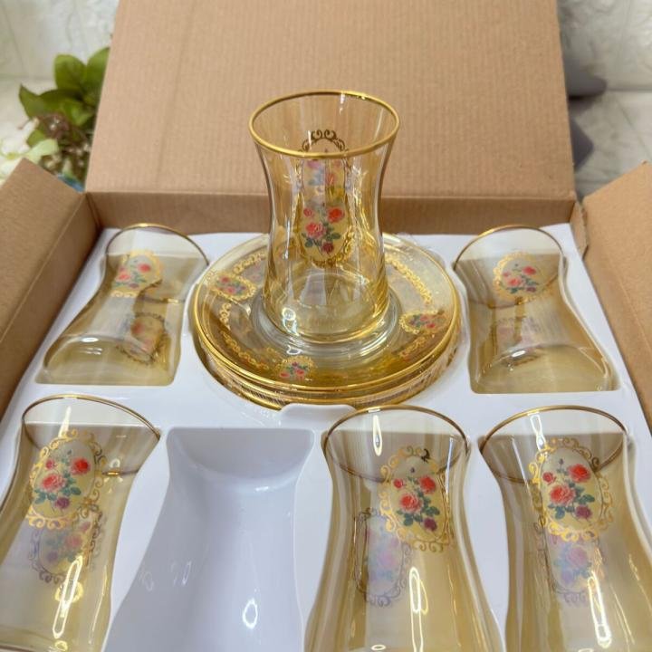Çay Takımı Gül Desenli Amber 12 Parça Golden Flowers 6 Kişilik