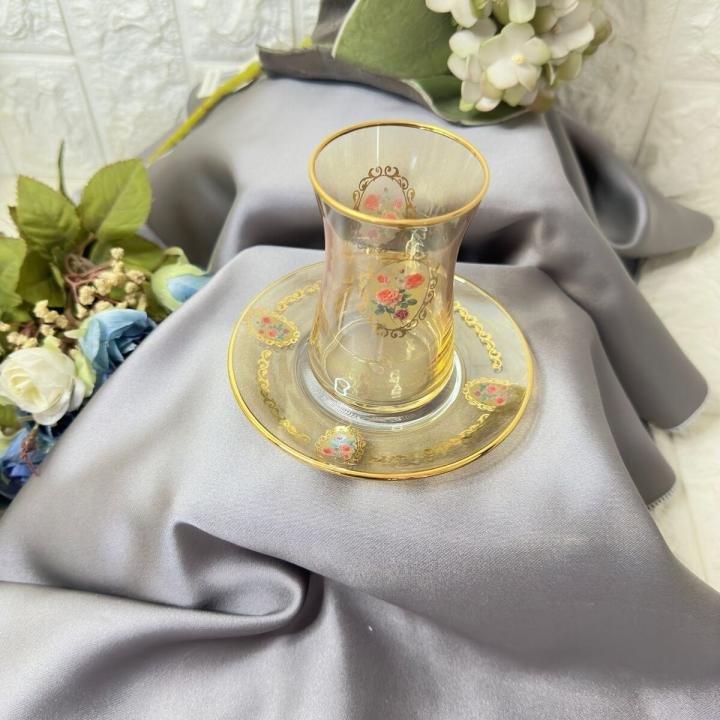 Çay Takımı Gül Desenli Amber 12 Parça Golden Flowers 6 Kişilik