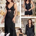 Kadın Siyah Saten Uzun Gecelik Sabahlık Takımı