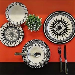 Desenli Siyah Beyaz Yemek Takımı 24 Parça